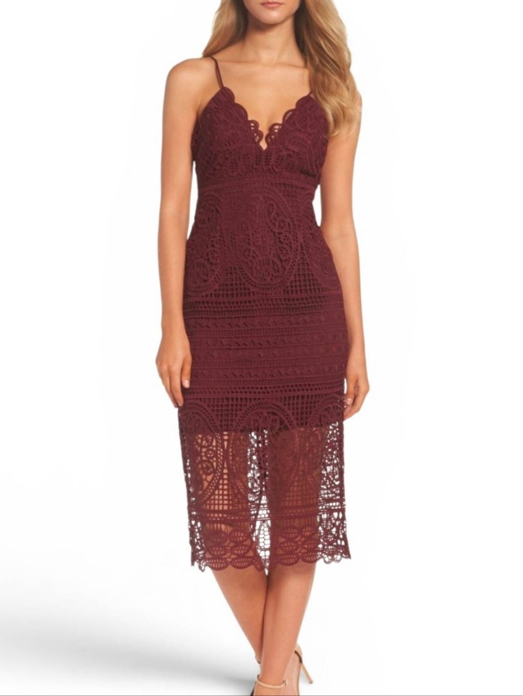 Bardot X Revolve Burgundy Lace Versailles Knee Length Dress - Size 8